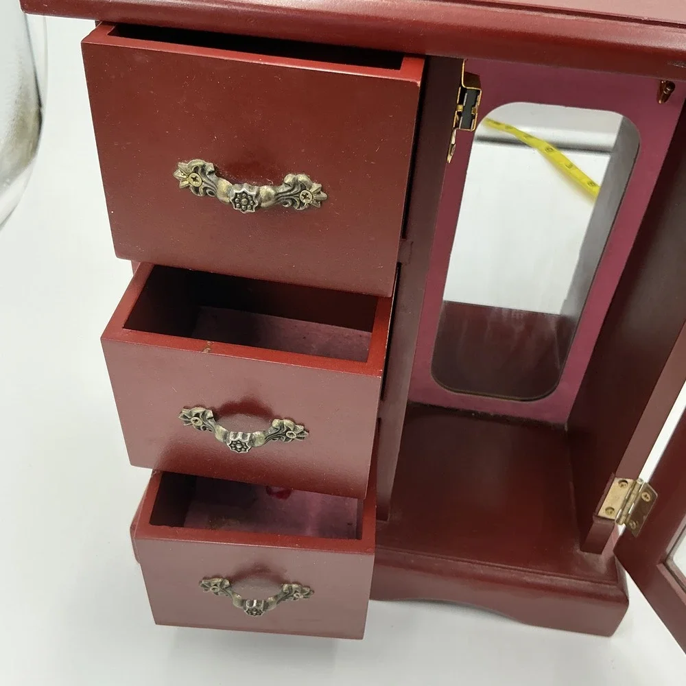 Vintage Wood Jewelry Armoire Burgundy Red 3 Drawer Floral Etched Glass Mirror